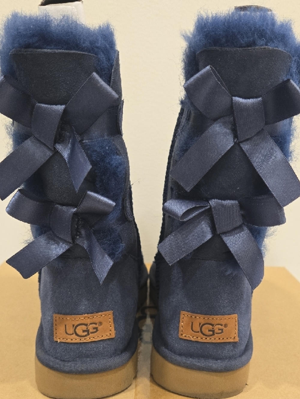 UGG Navy Short Suede Boots with Shearling Trim, 2x Bows On Each Boot - Picture 5 of 16